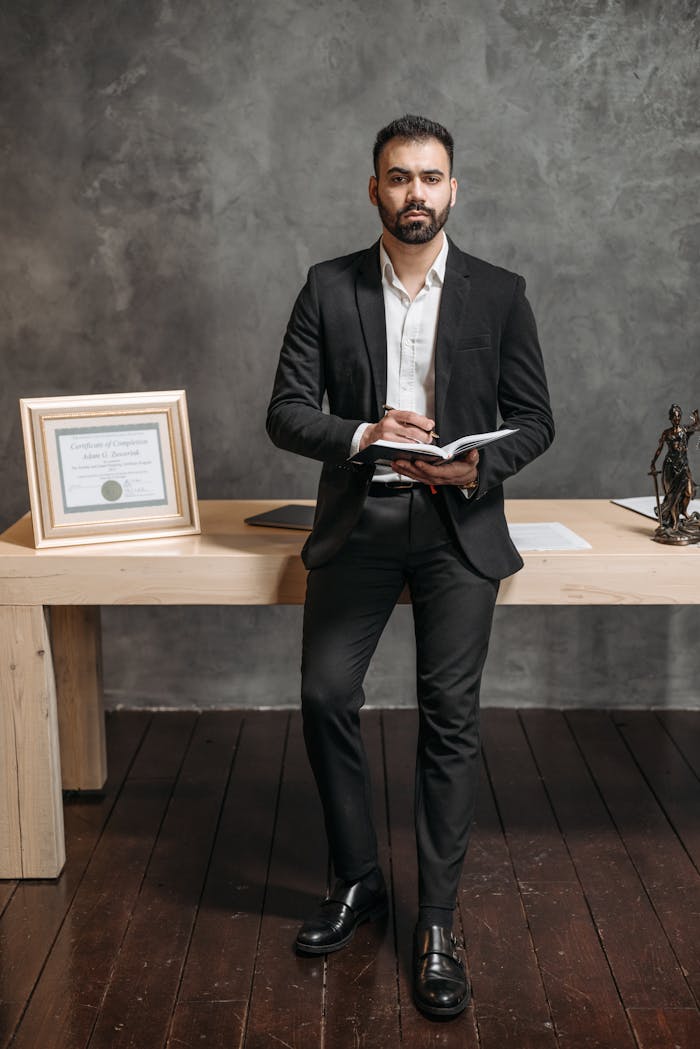 Confident man in suit holding a notebook, standing by a desk in an office.